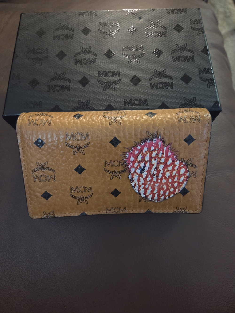 MCM Cognac Visetos Leather Wallet with Red Heart Patch